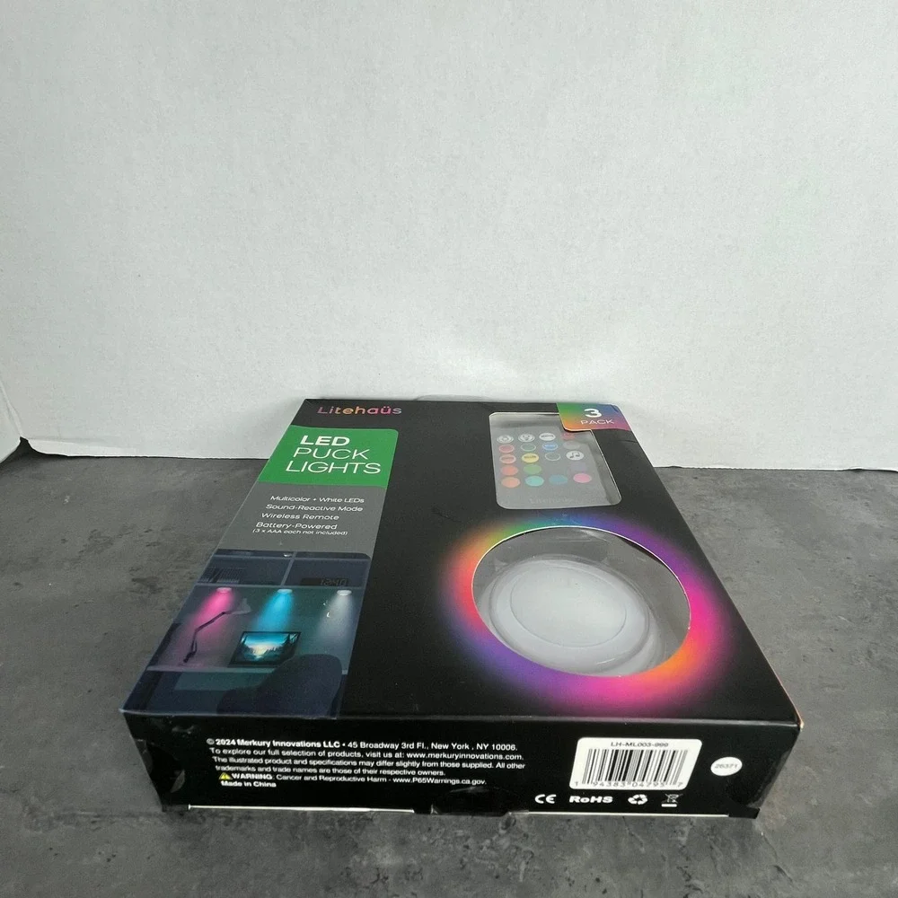 Litehaus 3 Pack LED Puck Lights Multicolor White LED Wireless Remote Battery Pwr